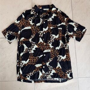 All Saints Black, Brown & White Leopard-Pattern Short Sleeve Button-Up Shirt M